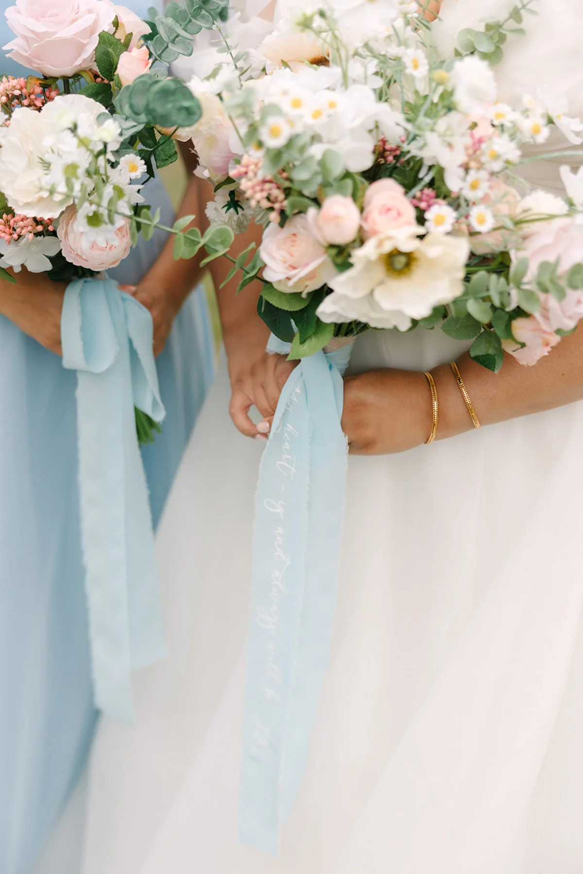 Love quote personalized on light blue bouquet wrap ribbons