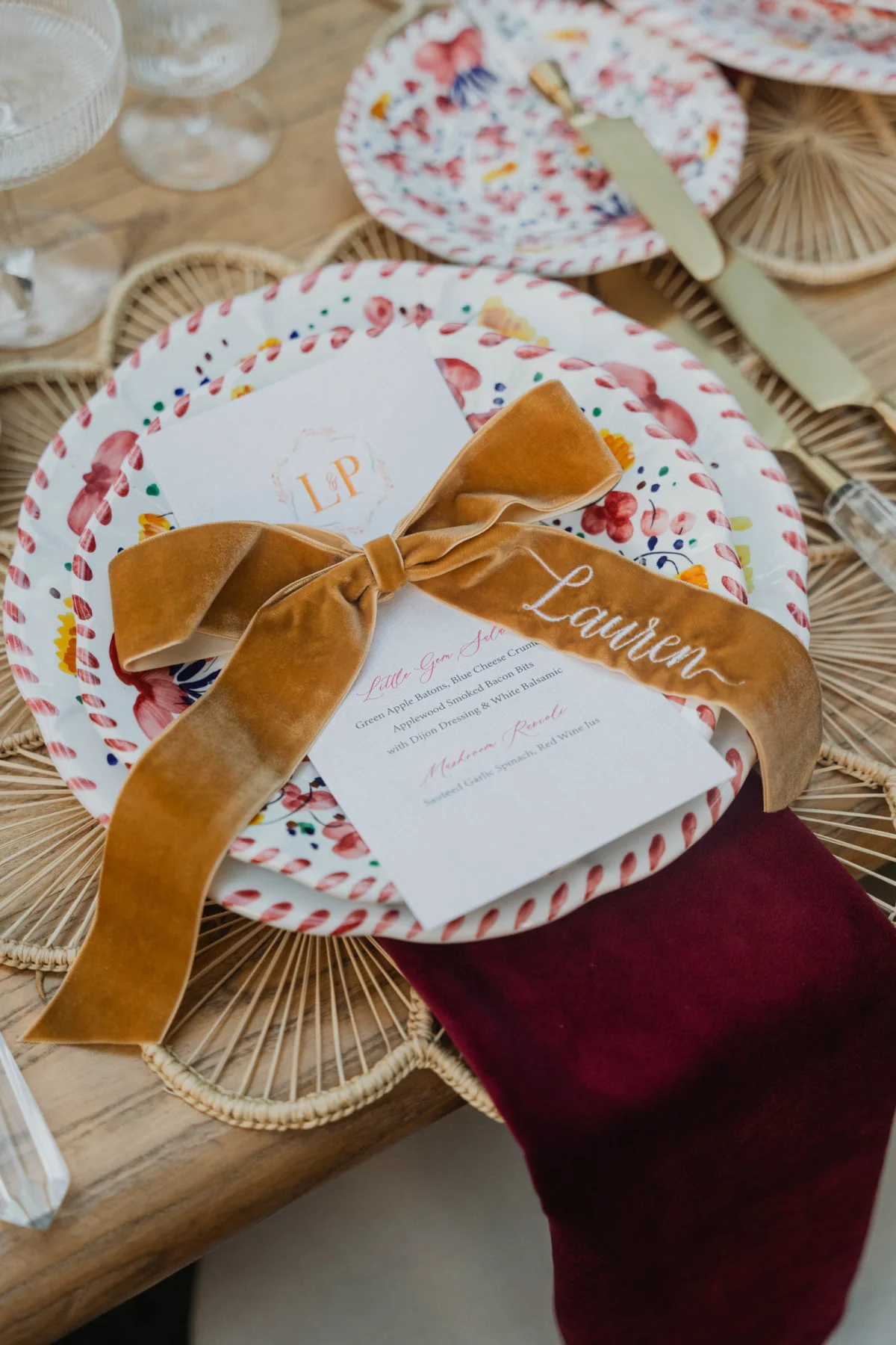 Dark mustard yellow embroidered velvet ribbon with wedding guest name that doubles as a place card