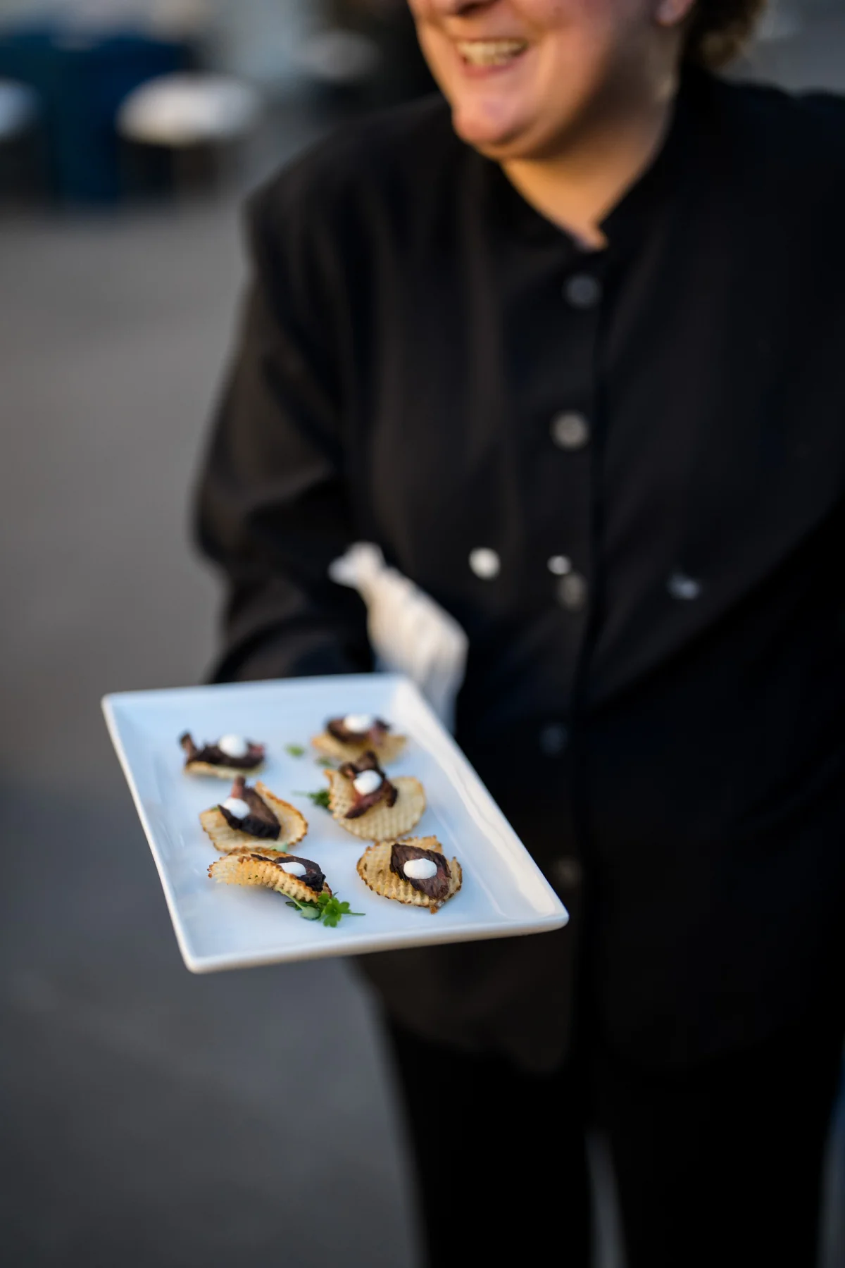 Potato chips with beef as a passed tray late night wedding snack idea
