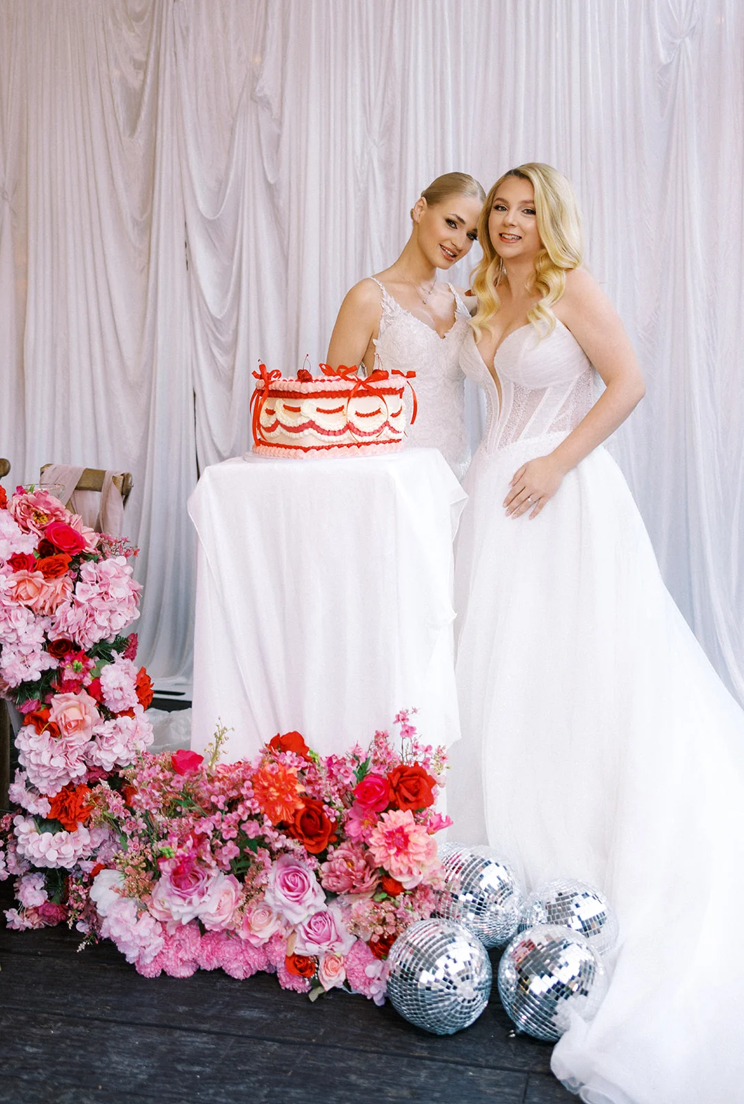 Disco ball wedding decor with florals