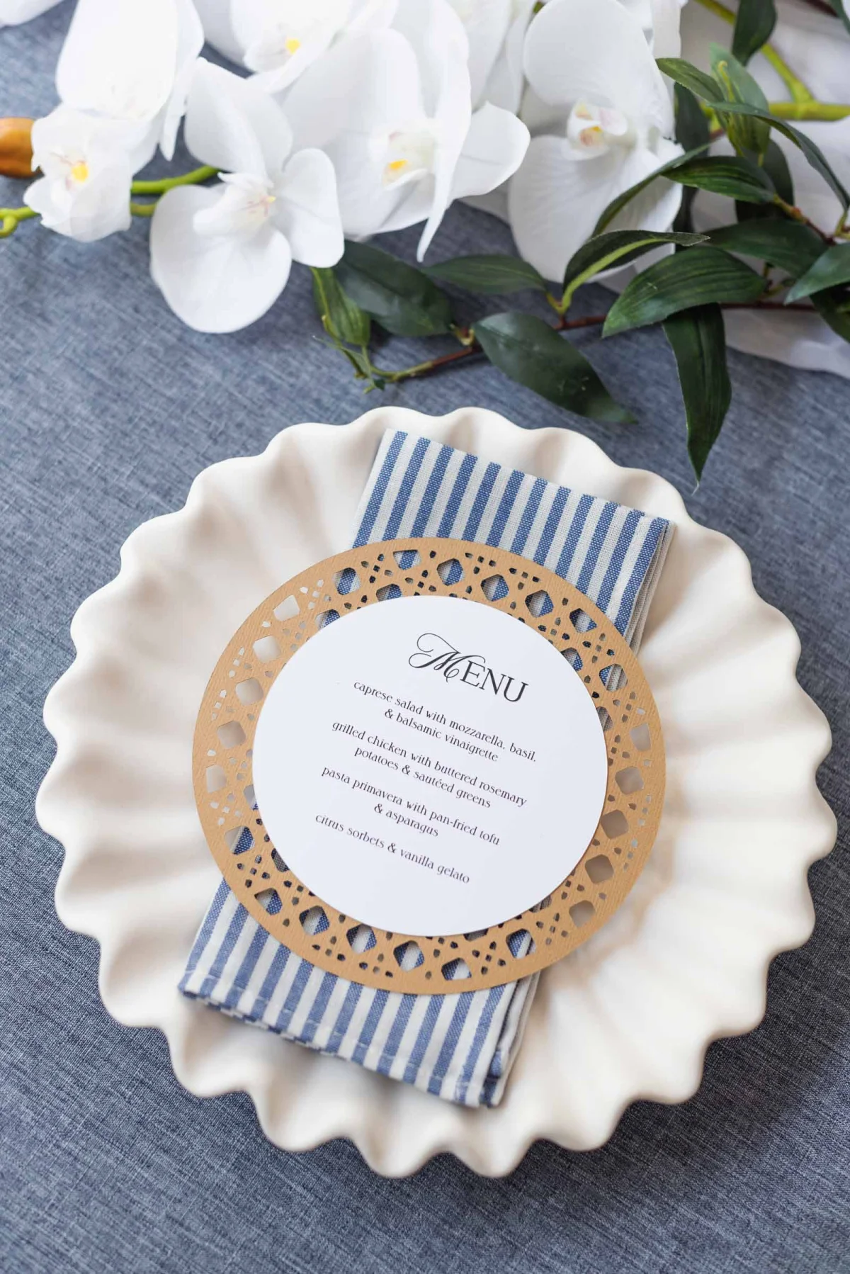 Faux rattan wedding menus made with cardstock and a Cricut