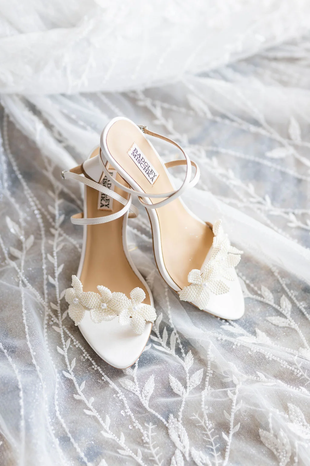 Pearl beaded floral bridal shoes by Badgley Mischka