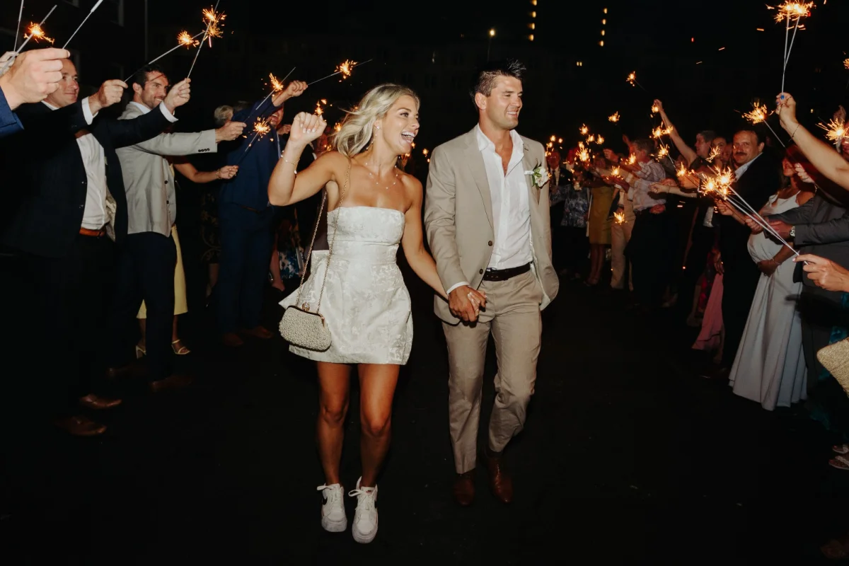 White mini jacquard wedding dress with back bow and tulip shaped skirt
