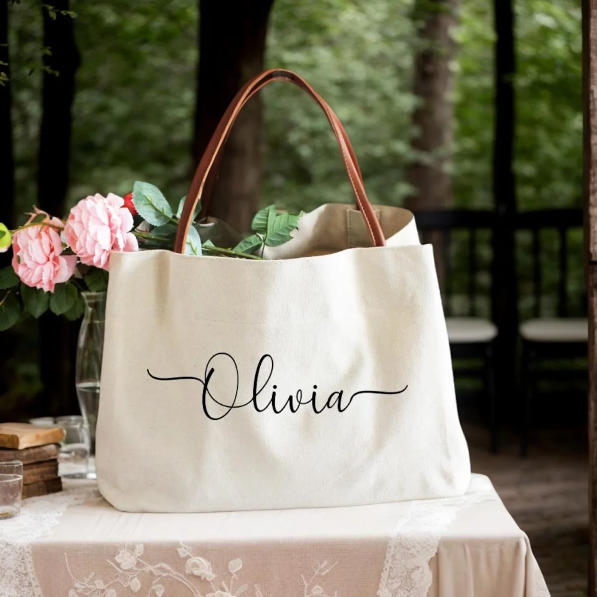 Personalizable canvas tote bag with faux leather handles for wedding DIY