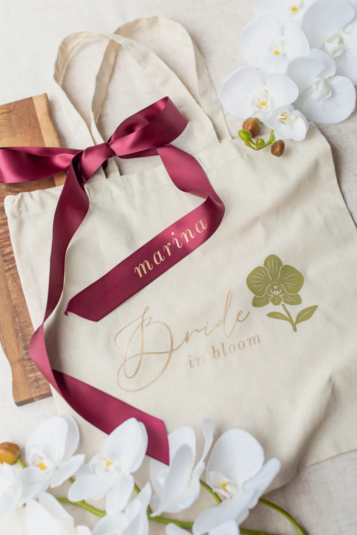 Beautiful Cricut made cotton tote bag with gold heat transfer vinyl orchid for the bride