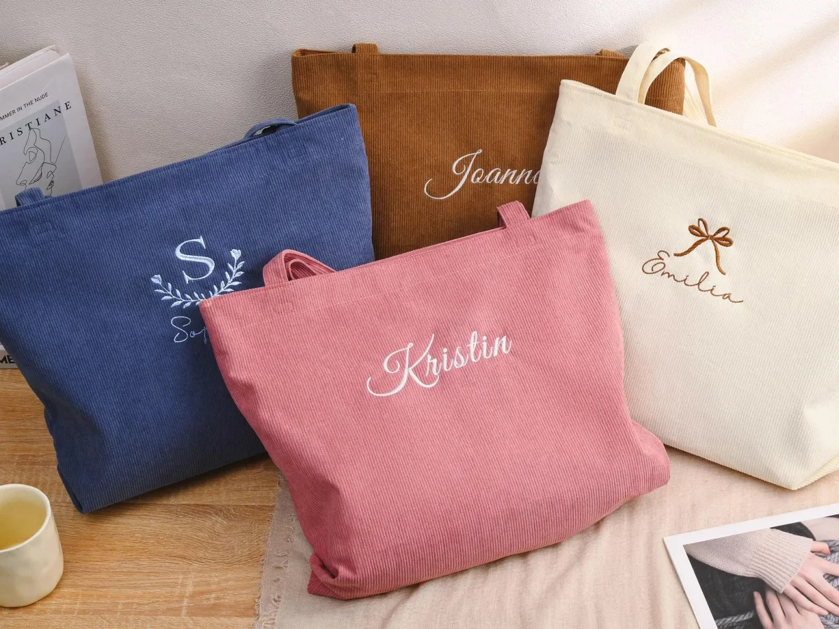 Personalized corduroy tote bag for wedding gift