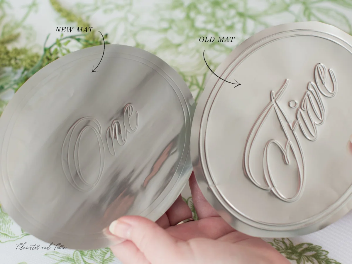 Comparison photo of what happens when you use a new mat versus an old mat when debossing with a Cricut Maker