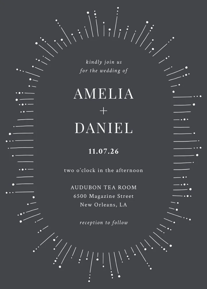 Deco Sunburst Silver wedding invitation by Joy, a silver Art Deco sunburst on a dark ground