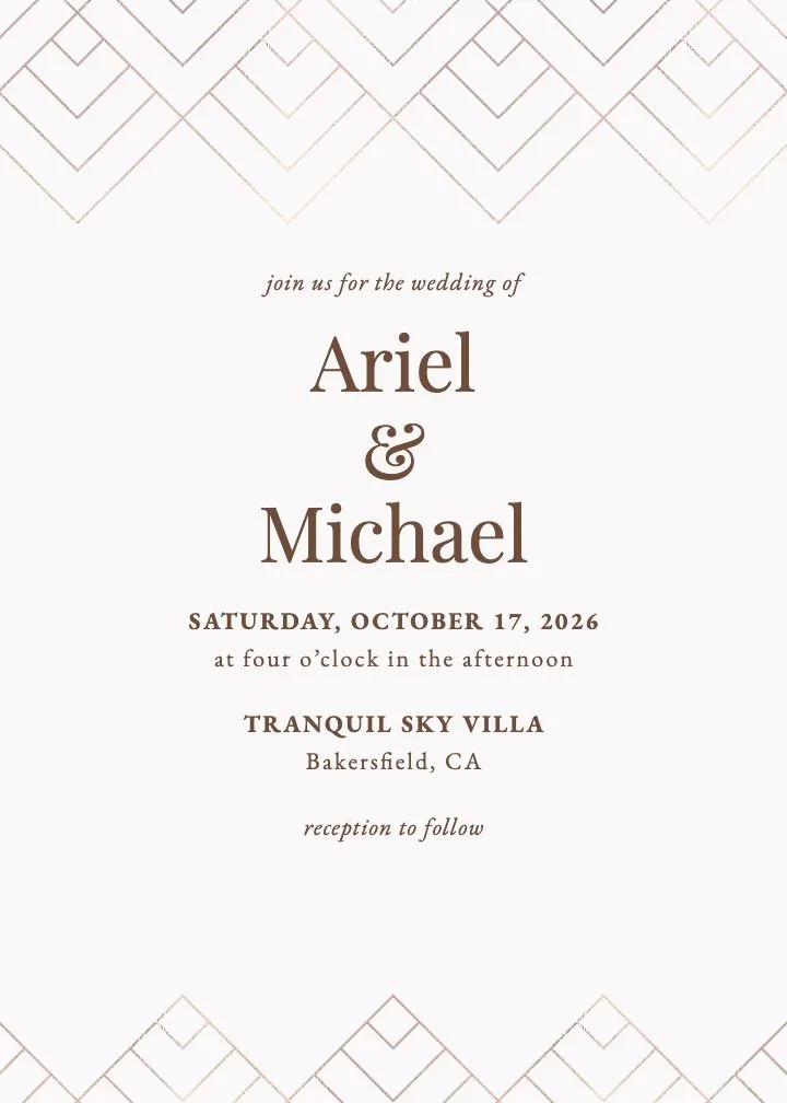 Deco Moderne wedding invitation by Joy, clean geometric Deco lines in a light palette