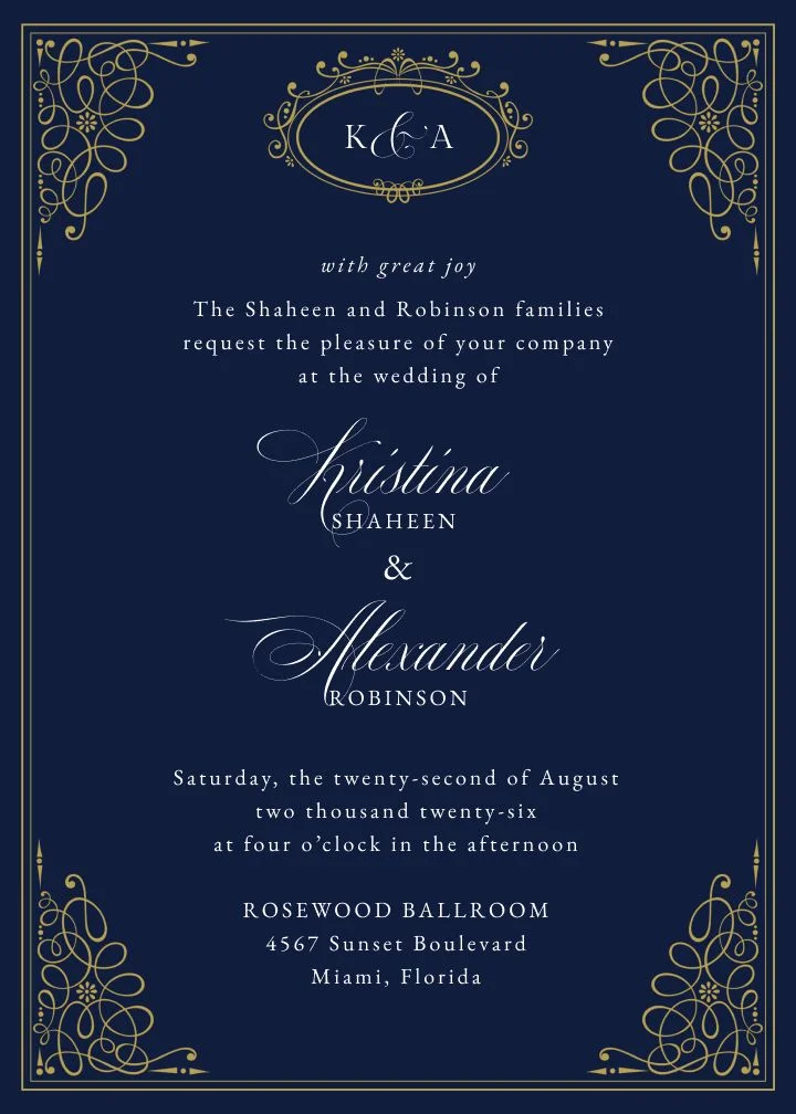 Queens Palace wedding invitation by Joy, regal blue and gold detailing with formal framing