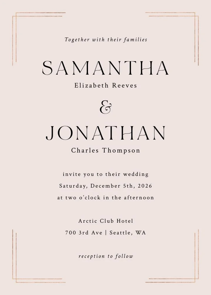 Interlocked Rose wedding invitation by Joy, rose gold geometric rings on a soft neutral ground