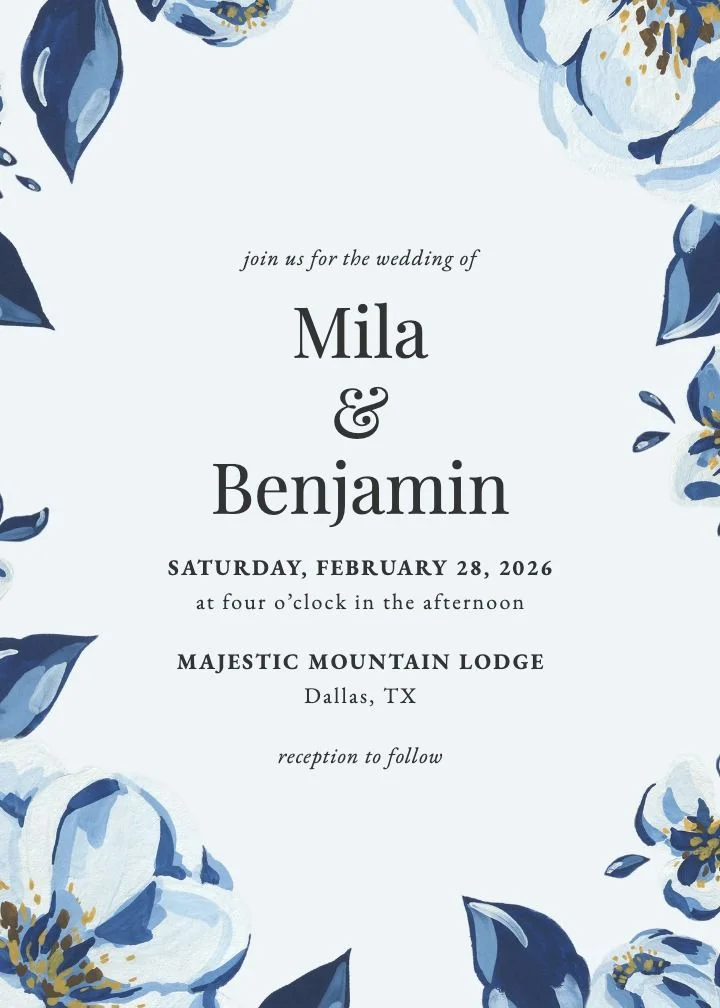 Blue Acrylic Floral wedding invitation by Joy, blue florals with the translucent look of acrylic stationery