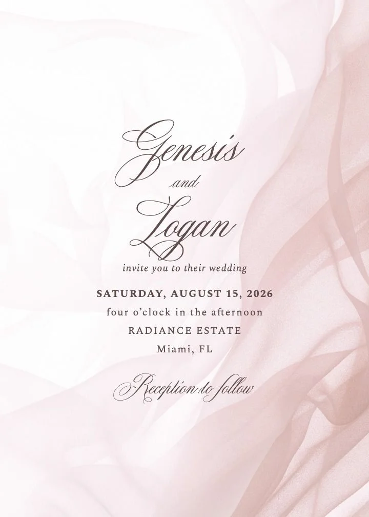 Chiffon wedding invitation by Joy, airy white and pink design with soft romantic styling
