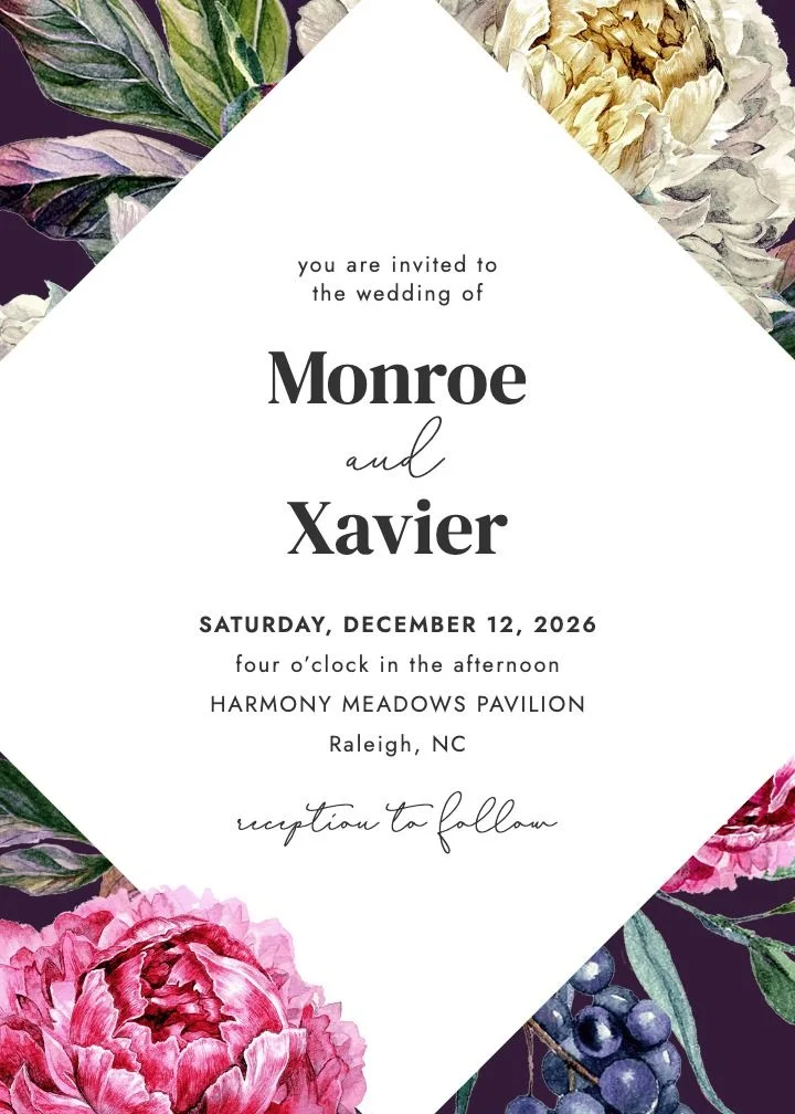 Dramatic Peonies wedding invitation by Joy, oversized watercolor peonies in pink and purple