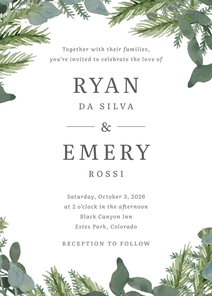 Alpine Wreath watercolor wedding invitation with pine and eucalyptus wreath