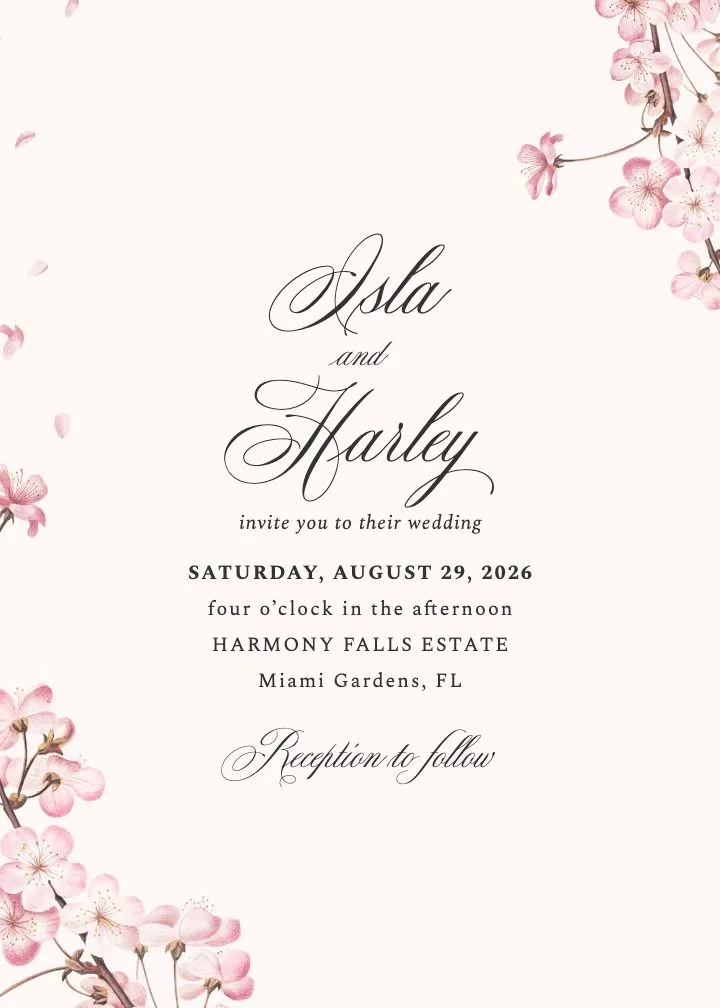 Sakura watercolor wedding invitation with pink cherry blossom branches