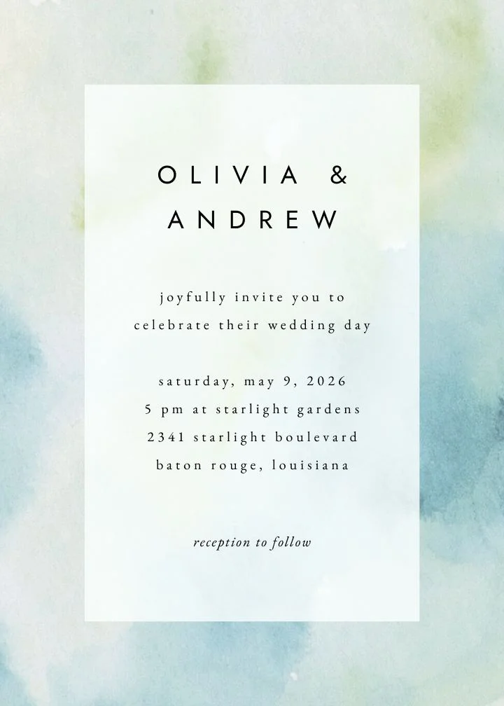Dream Wash watercolor wedding invitation with sage and blue abstract wash