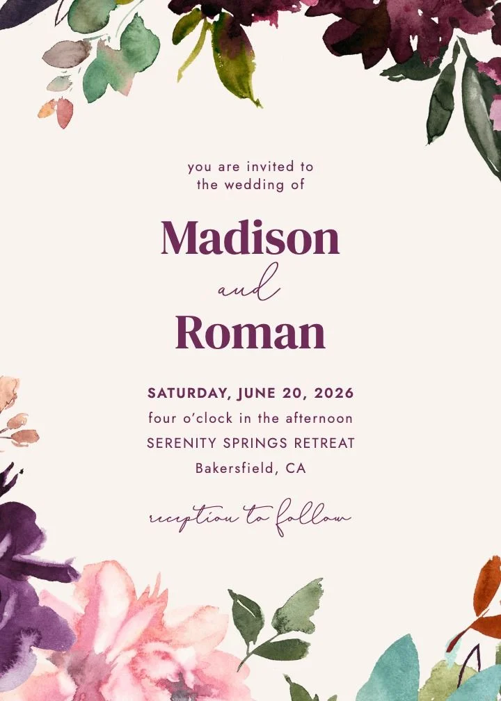 Romantic Florals watercolor wedding invitation with plum teal and blush blooms