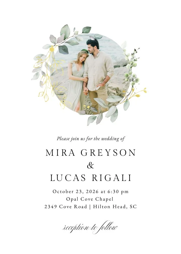 Bohemian Eucalyptus Photo Foil wedding invitation with eucalyptus greenery and foil accents
