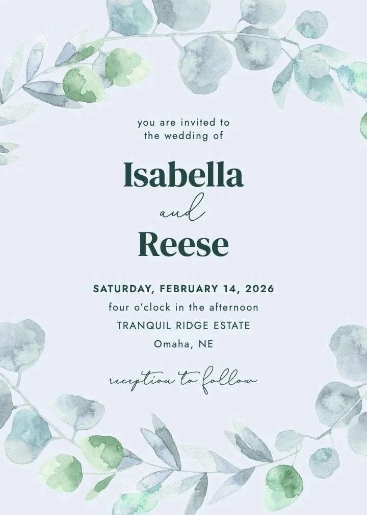 Eucalyptus Wreath wedding invitation with a painted eucalyptus wreath frame