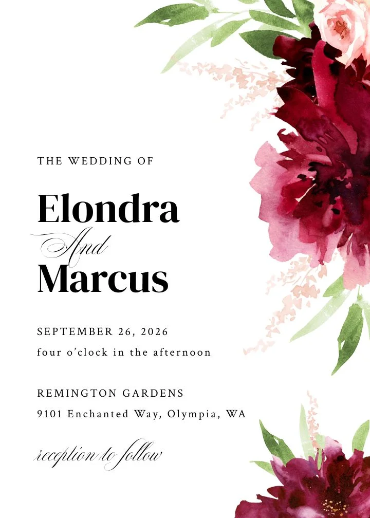 Elegant Flowers watercolor wedding invitation with burgundy and blush peonies