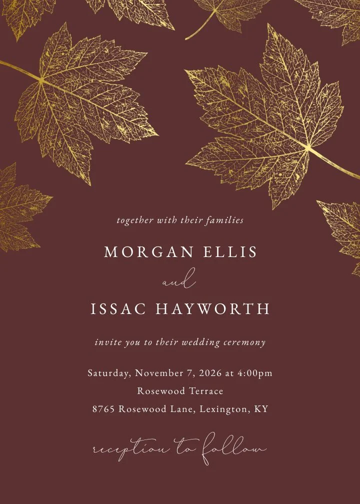 Gilded Maple Foil wedding invitation with gold maple leaves on a deep burgundy background