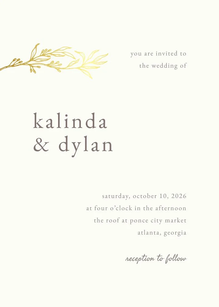 Rustic Chic V Foil wedding invitation with a gold botanical sprig on cream