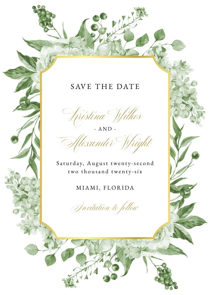 Vintage Porcelain Foil wedding invitation with a leafy green wreath and gold foil frame
