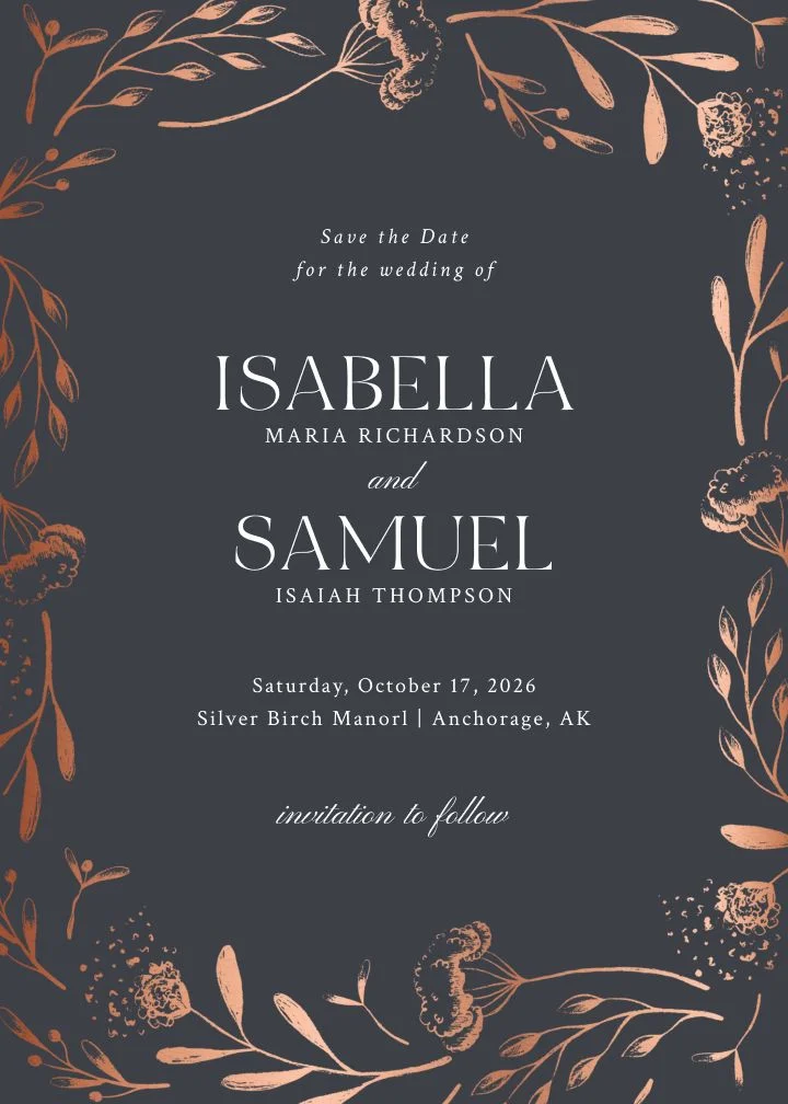 Harvest Wreath Foil wedding invitation with copper-toned wreath on a dark background