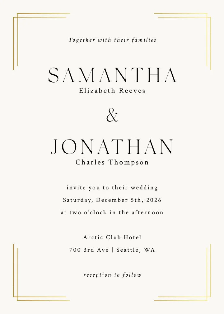 Interlocked Foil wedding invitation with interlocking gold corner frames on cream