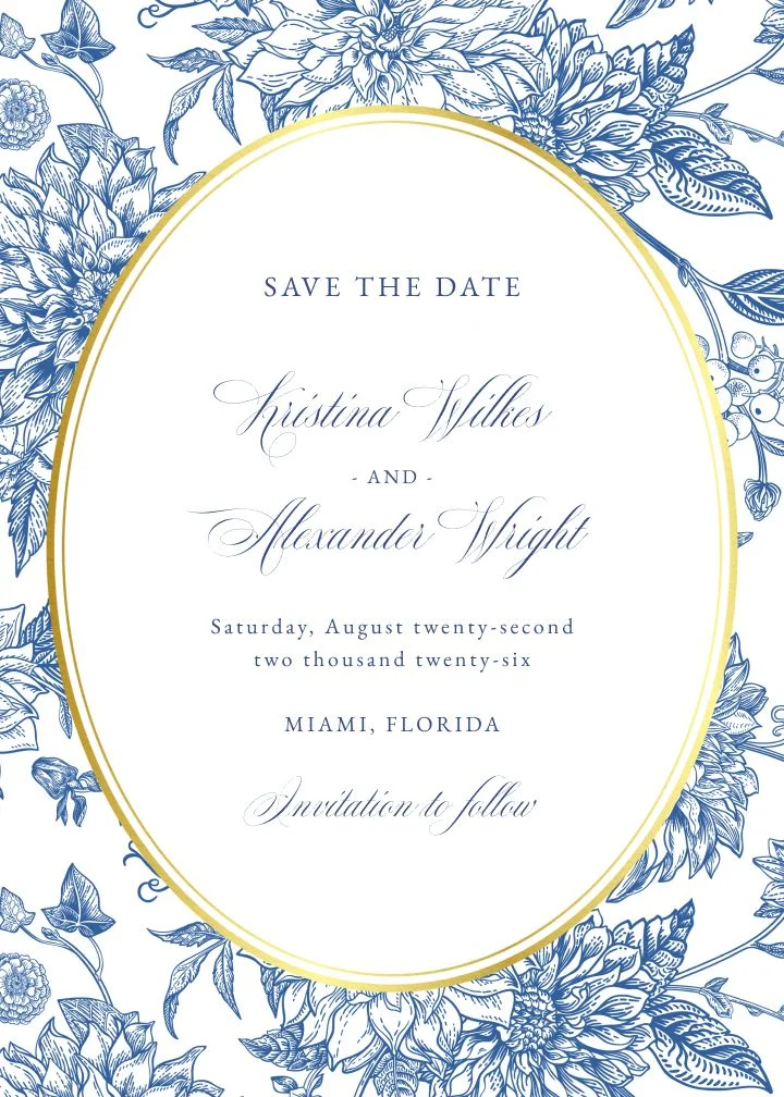 Maison Foil wedding invitation with blue floral toile framing and gold accents