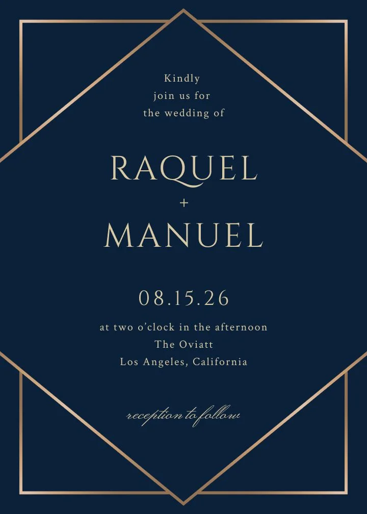Formal Deco wedding invitation with a metallic diamond frame on a deep navy background