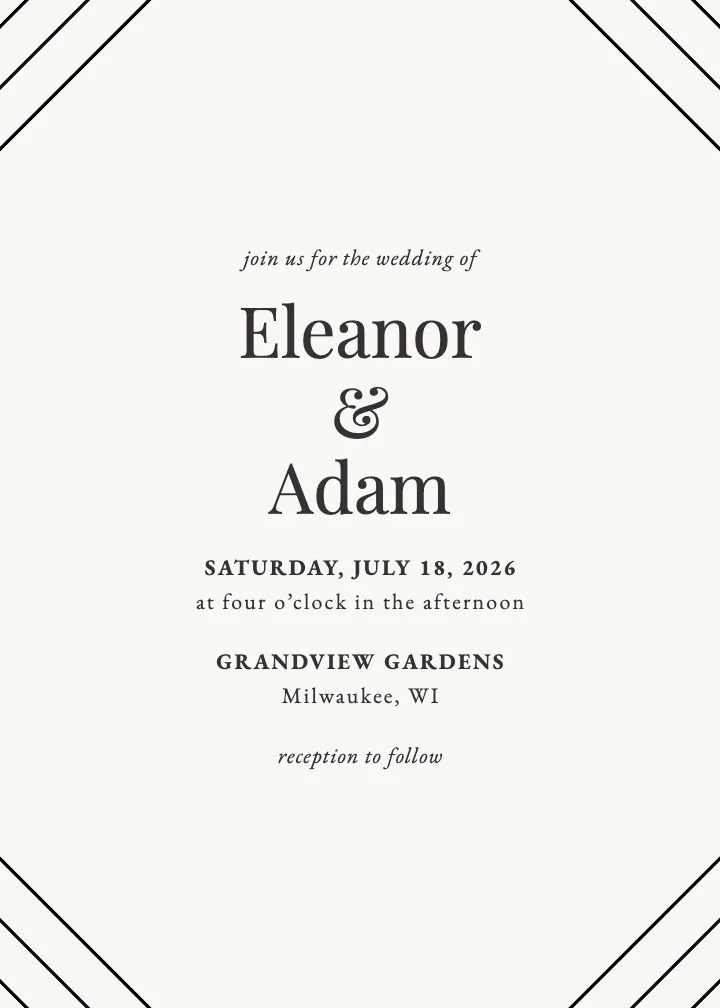 Chic Corners Black wedding invitation with sharp black diagonal corner lines on a cream card