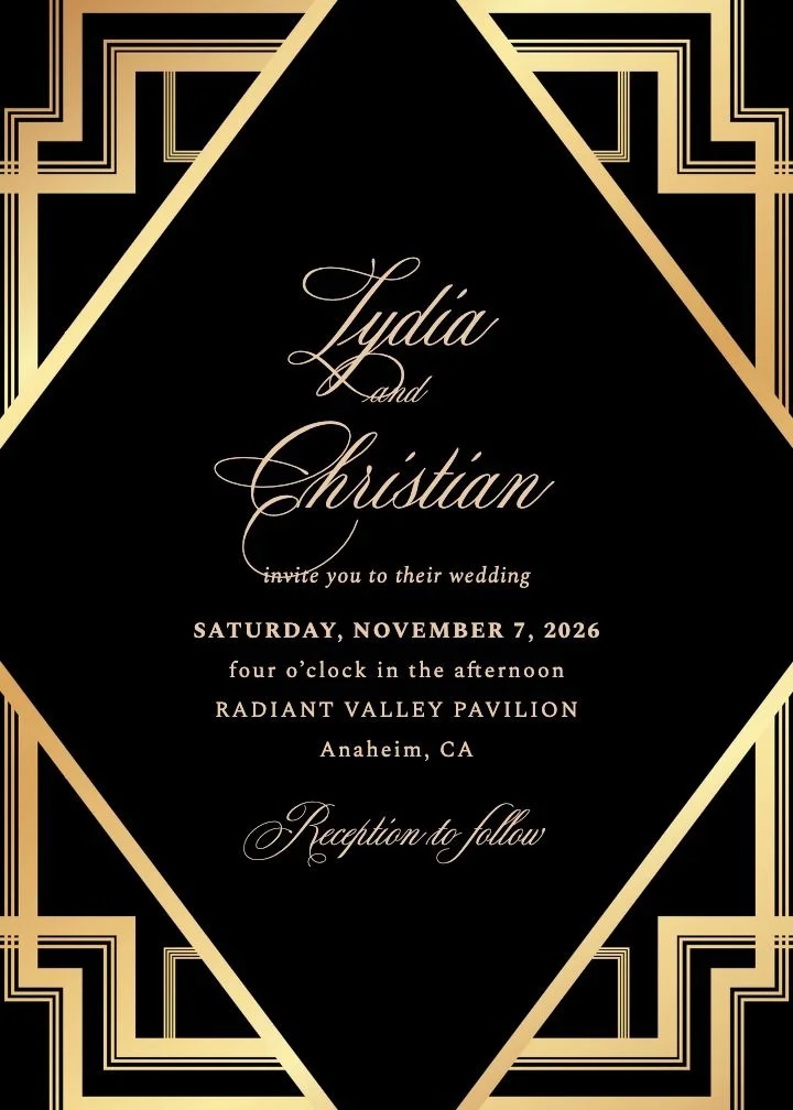 Soiree Gold wedding invitation with a black card, gold script, and a stepped geometric gold frame