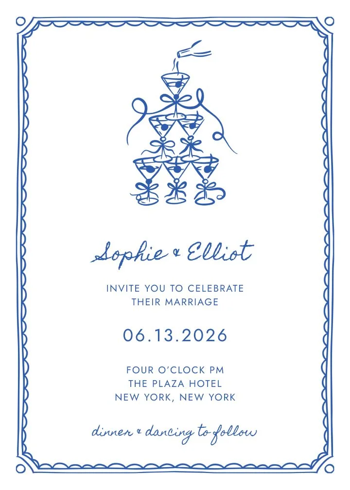 Gala wedding invitation with an illustrated champagne tower and ornamental border