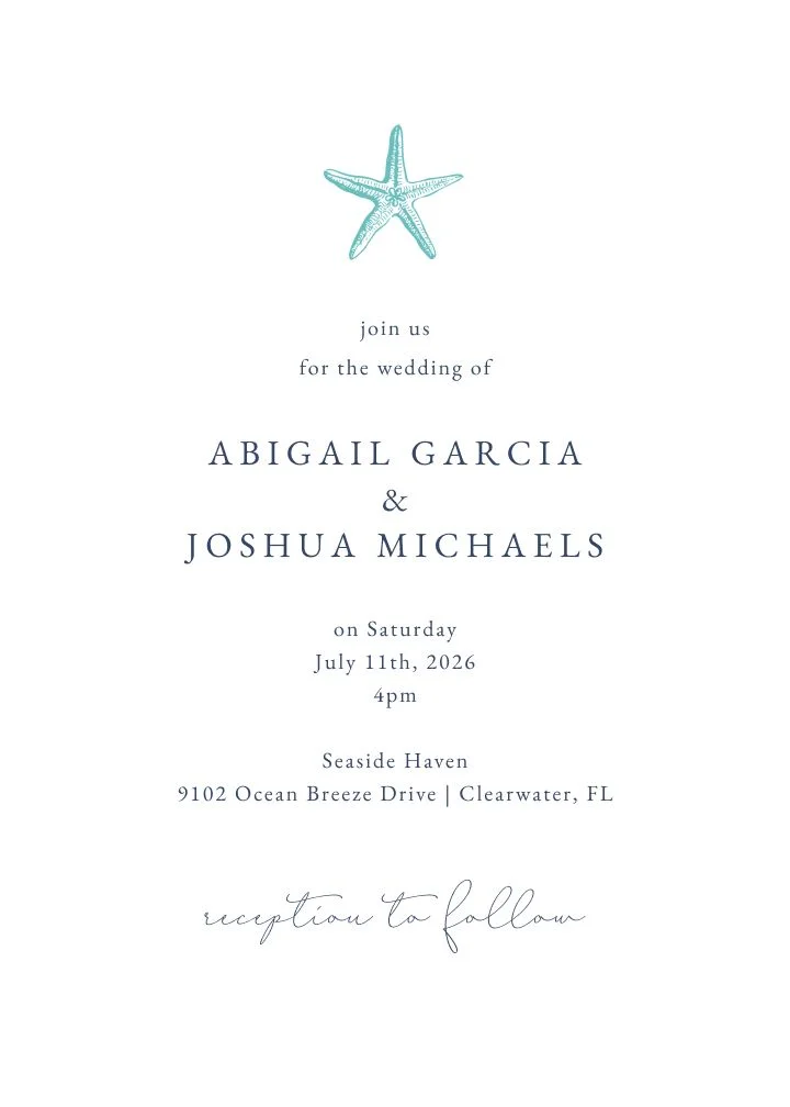 Captain Warren Abdul II wedding invitation with a starfish motif and clean typography