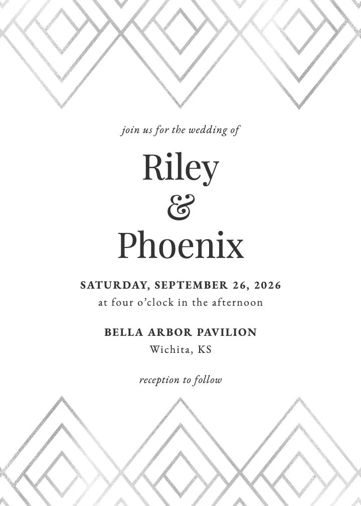 Silver Gatsby wedding invitation with a silver diamond chevron border