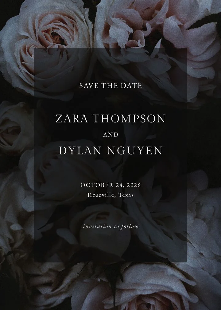 Rosebed save the date card by Joy, roses on a dark ground.