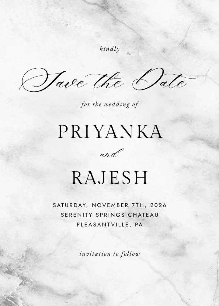 Classic Marble save the date card by Joy, black and white marble texture.