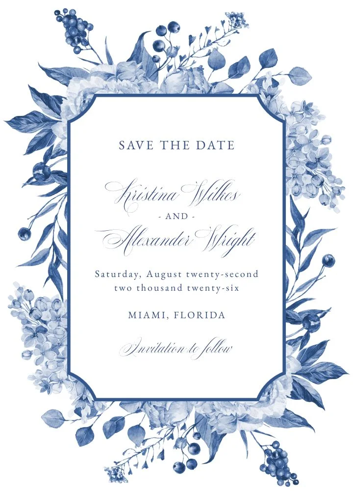 Vintage Porcelain save the date card by Joy, blue and white porcelain patterning.