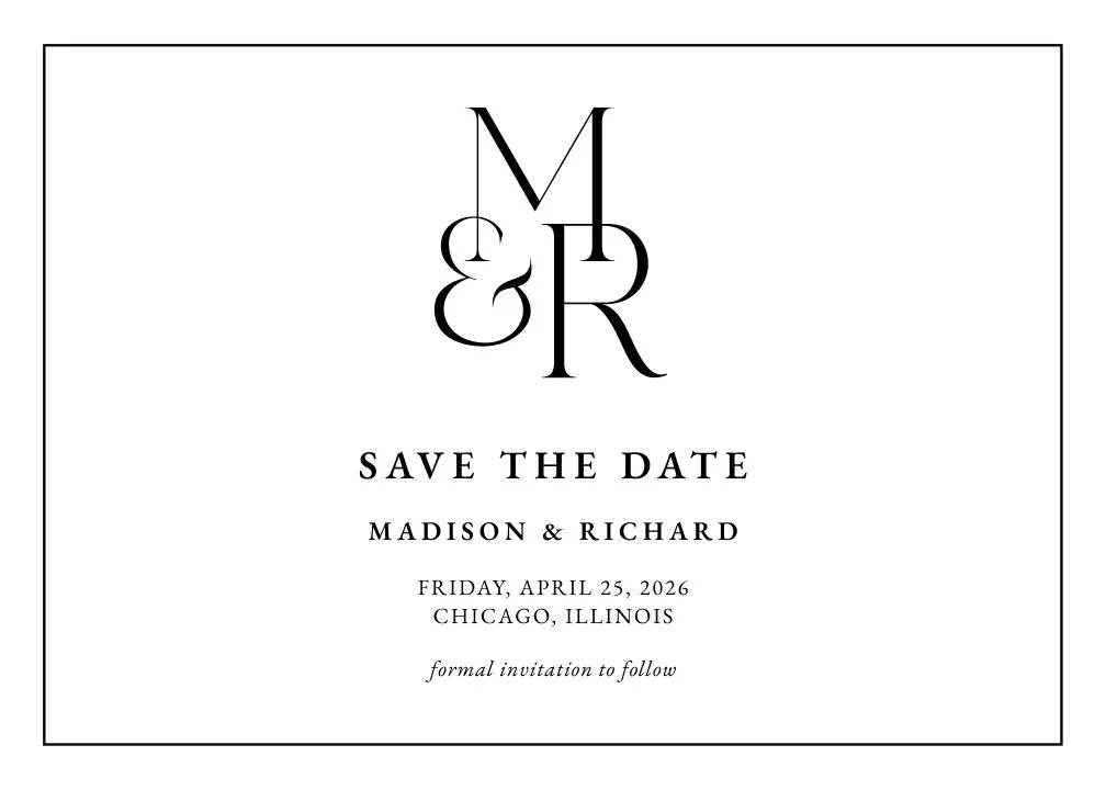 Felicity save the date card by Joy, bold black and white editorial typography.