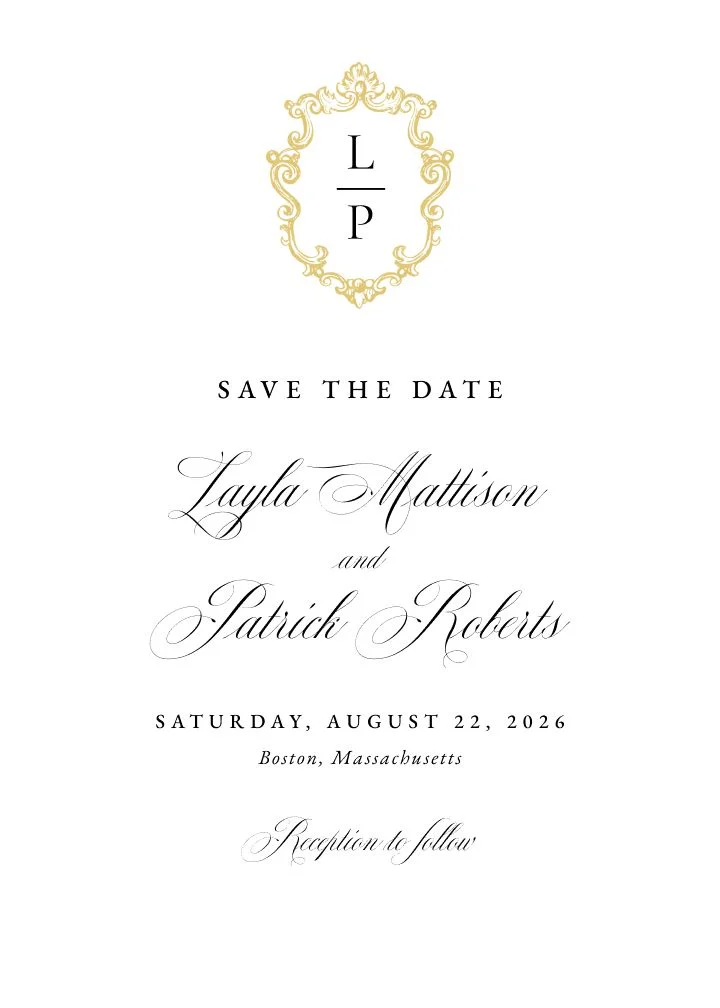 Classical Crest save the date card by Joy, gilded monogram crest on a cream ground.