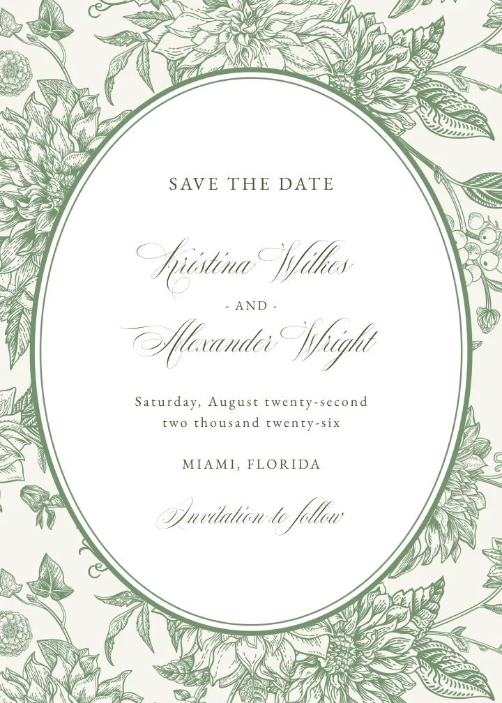 Maison save the date card by Joy, regal blue florals in a vintage estate style.