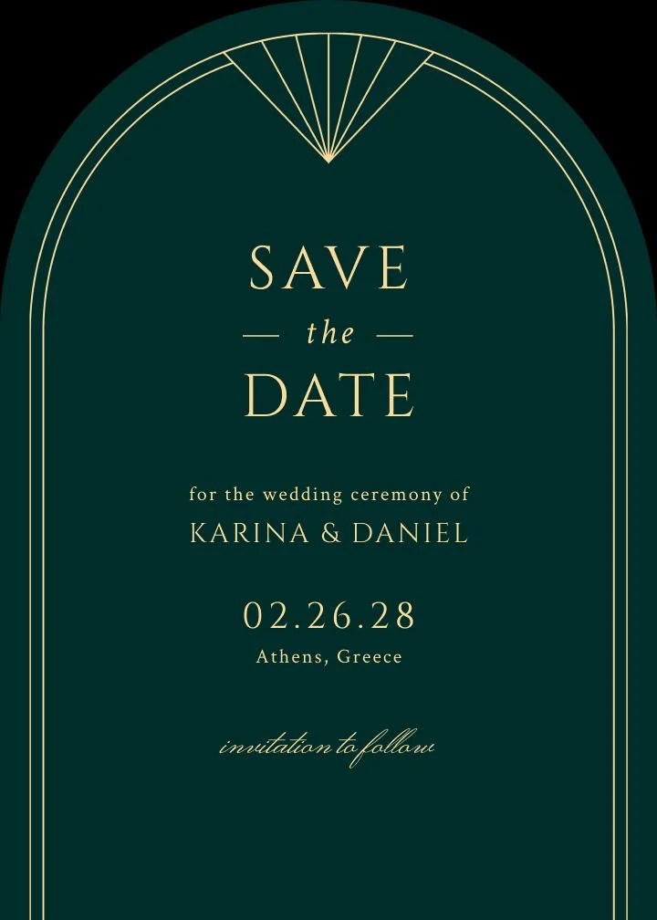 Emerald City save the date card by Joy, deep green and gold Art Deco geometry.