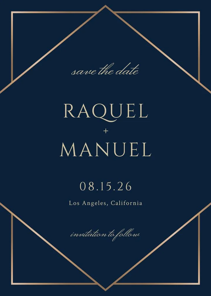 Formal Deco save the date card by Joy, structured blue and gold Deco lines.