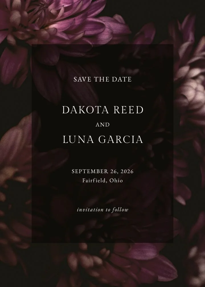 Chrysanthemum save the date card by Joy, dark botanical florals on a black ground.