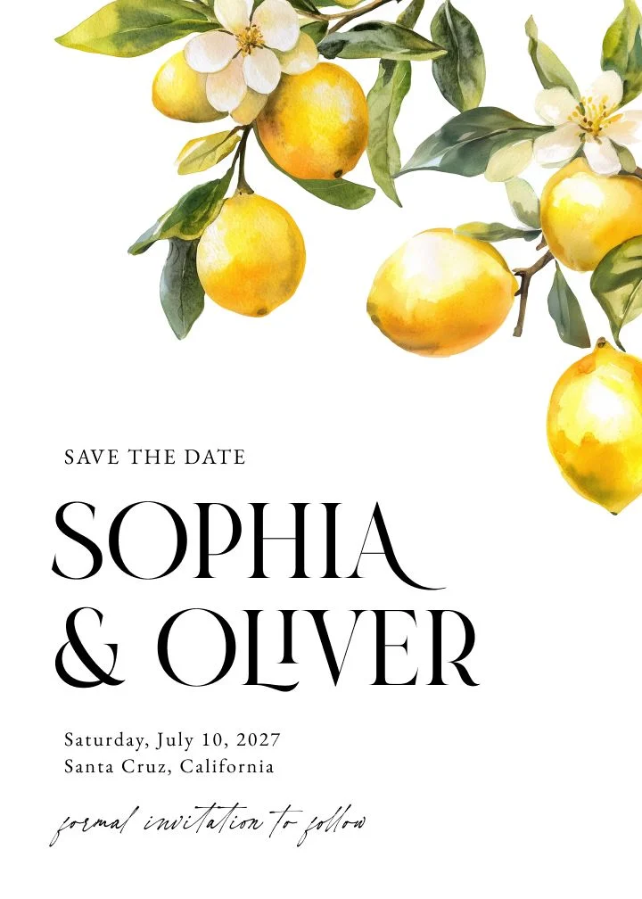 Citron save the date with yellow and green citrus-bright floral artwork