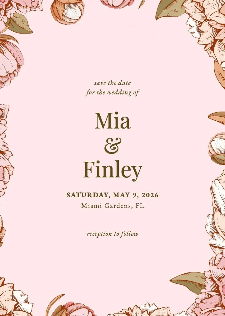 Peony Woodcut Modern save the date with a peony rendered as modern pink woodcut line art