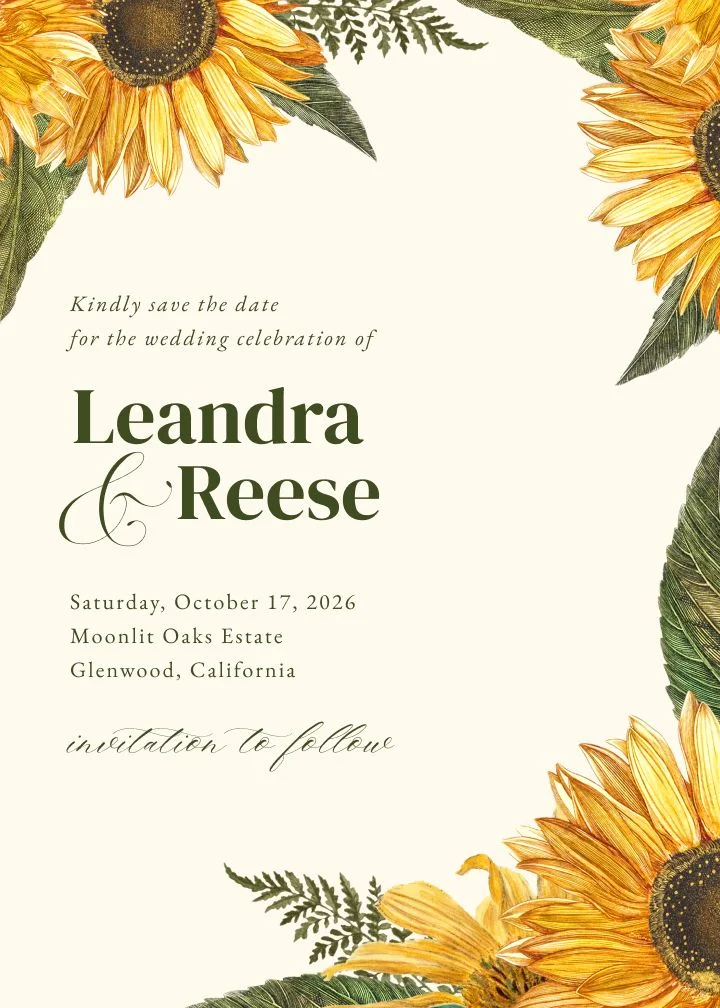 Sunflowers save the date with golden sunflower blooms on a cream background