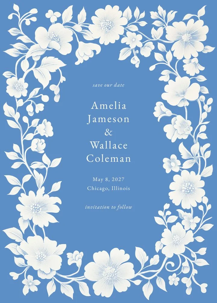 Charlotte save the date with blue-and-white vintage florals in a formal porcelain-inspired style